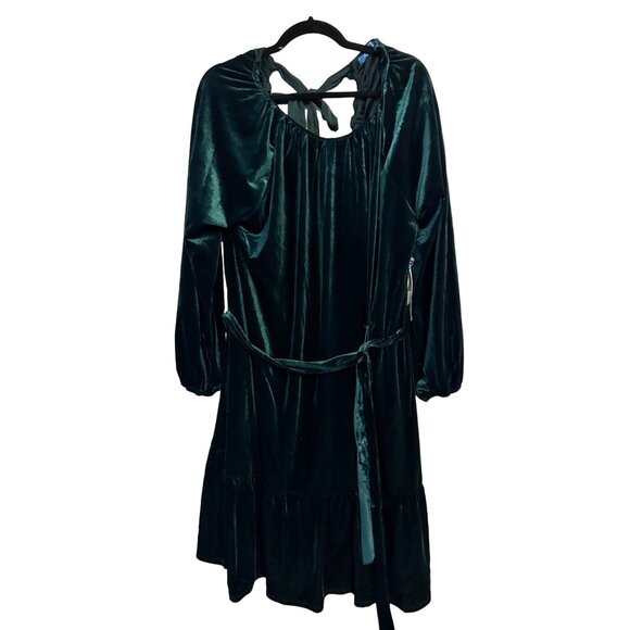 Draper James RSVP Emerald Green Velvet Ruffle Tie-Back Dress With Belt & Long Sl - Picture 2 of 8